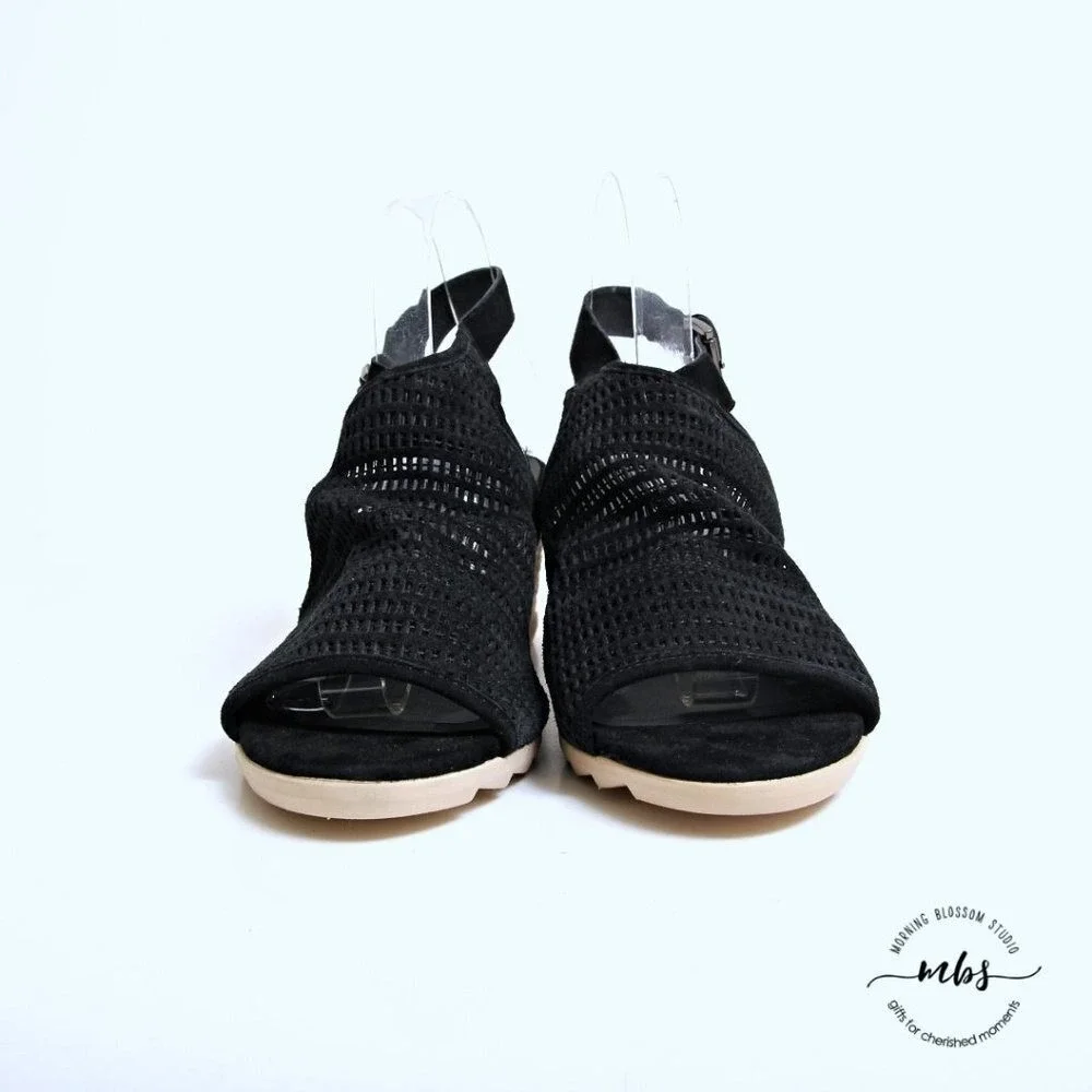Eileen Fisher Aura Suede Slingback Espadrille Wedges Black‎ Women 9